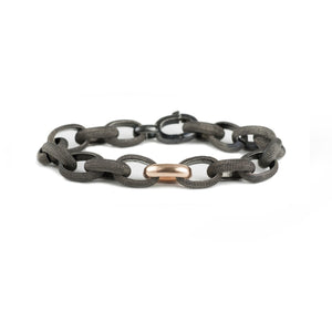 Black rhodium textured silver link bracelet with rose gold accent link