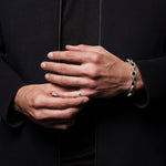 Vintage sterling silver and black diamond jewelry styled on a male model including a men's link bracelet and men's ring