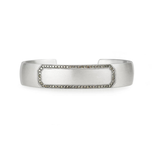 Engraveable sterling silver cuff bracelet for men and women with champagne diamond border